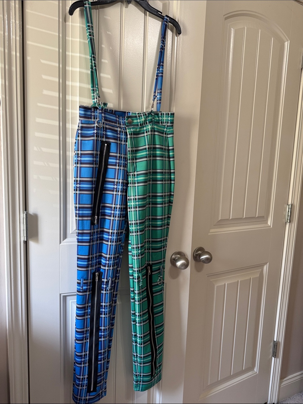 Plaid Suspender Pants in Blue & Green